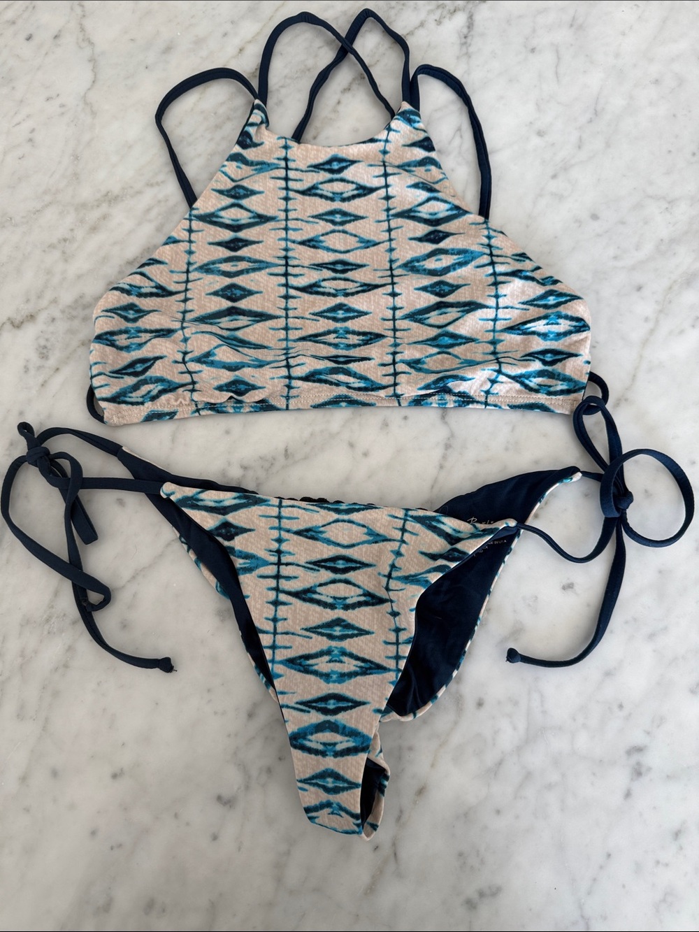 Frankie's Bikinis Navy and Cream Strappy Bikini - Small Top and Medium Bottom